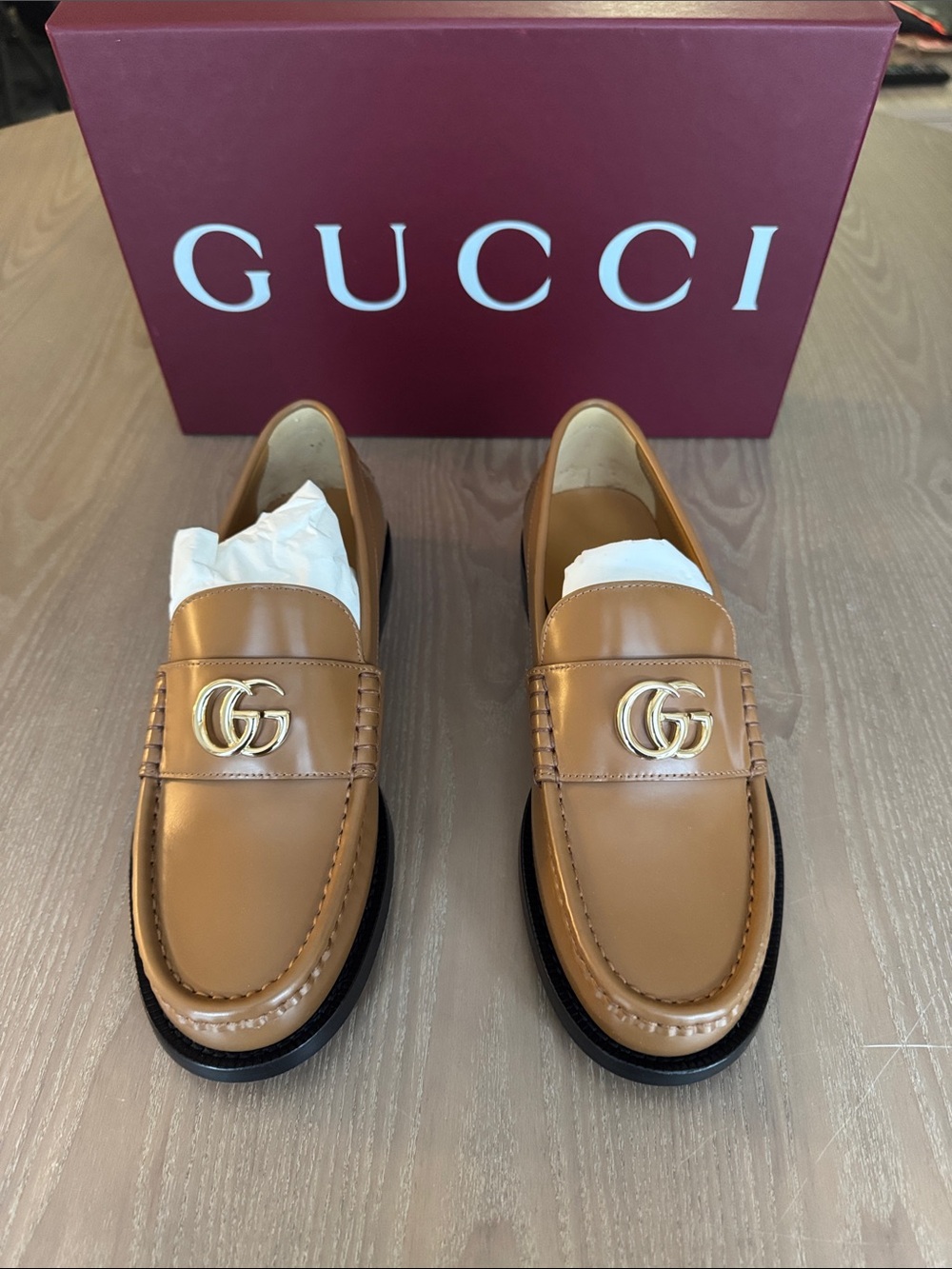 Gucci Women’s Tan Leather GG Marmont Loafers